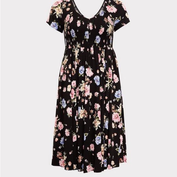 Midi Challis Smocked Floral Black Dress - Picture 4 of 4